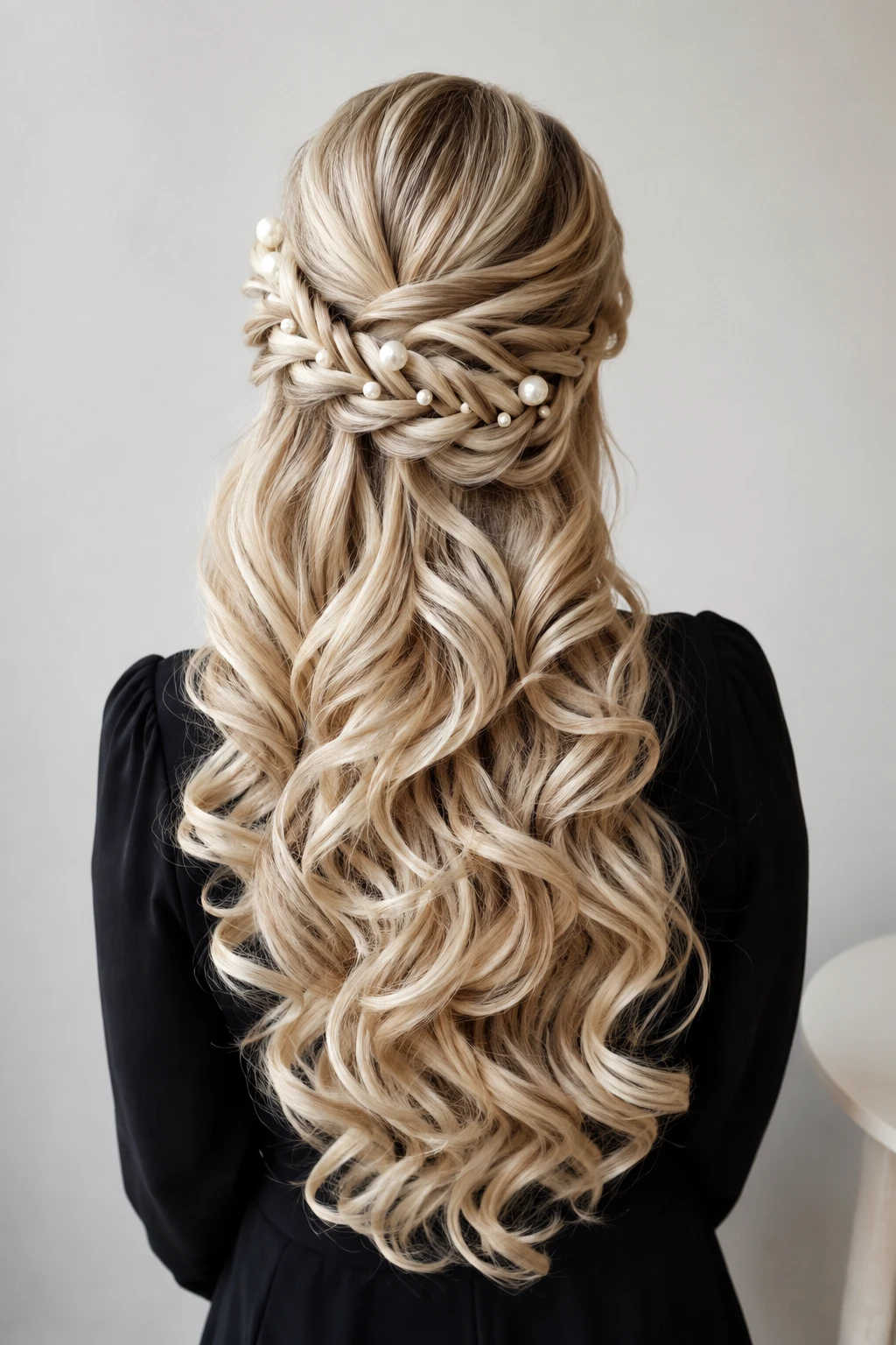Pearl Braided Half Up Style with Loose Waves