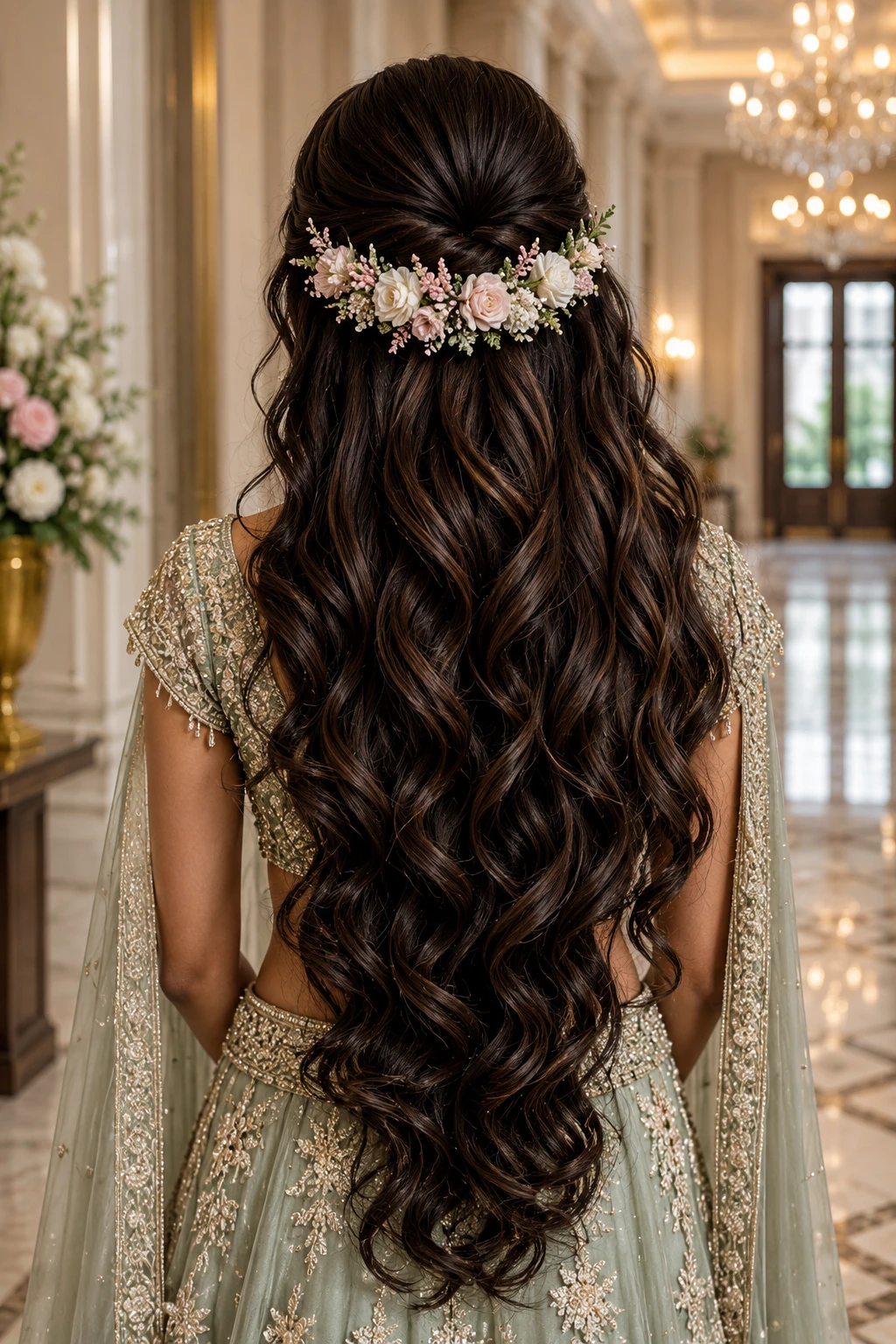 Floral Half Up Style with Cascading Curls