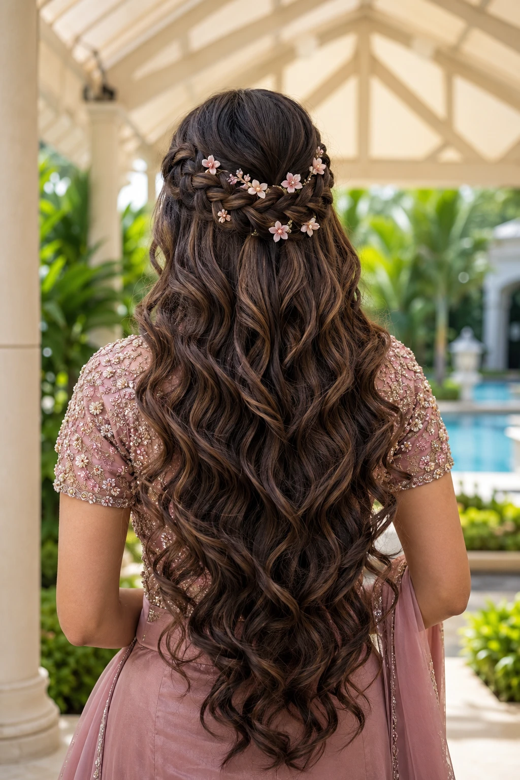 Floral Braid Half Up with Cascading Curls