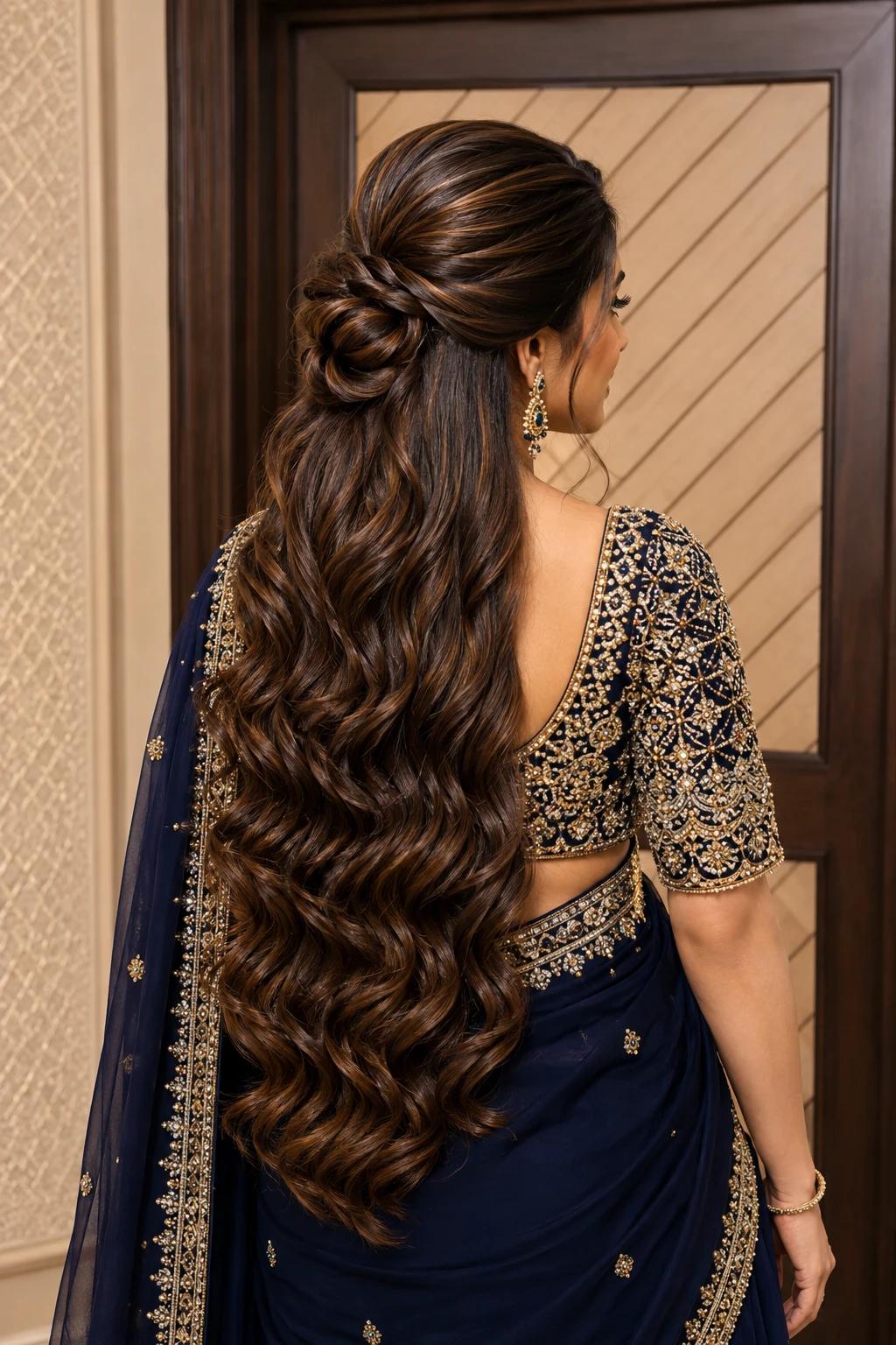 Twisted Half Up Bun with Long Bridal Waves