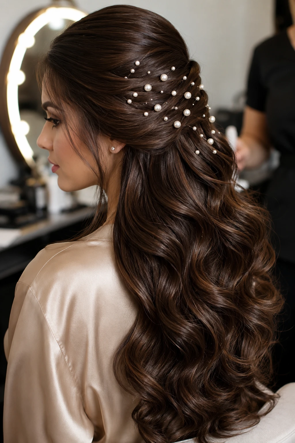 Scattered Pearl Half Up Style with Soft Curls