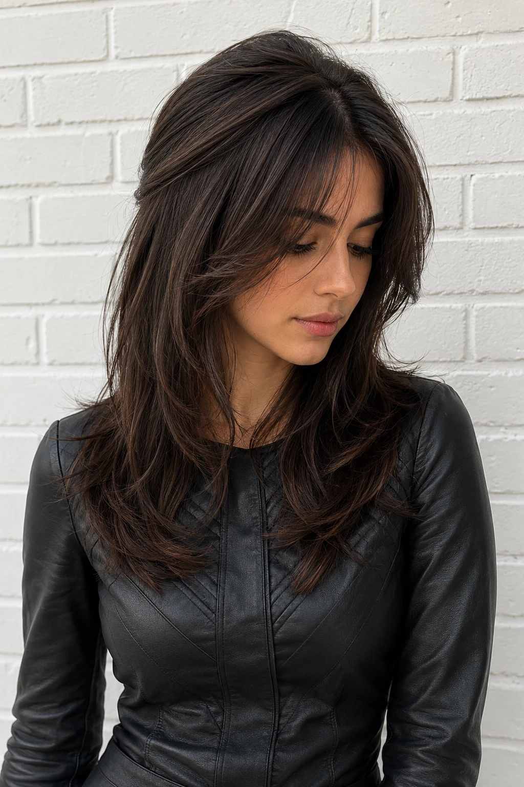 Face Framing Layers with Wispy Bangs on Dark Brunette