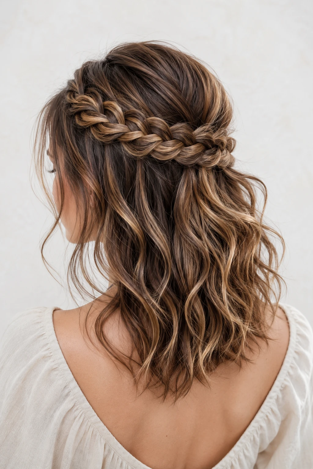 Braided Halo Half Up with Boho Waves