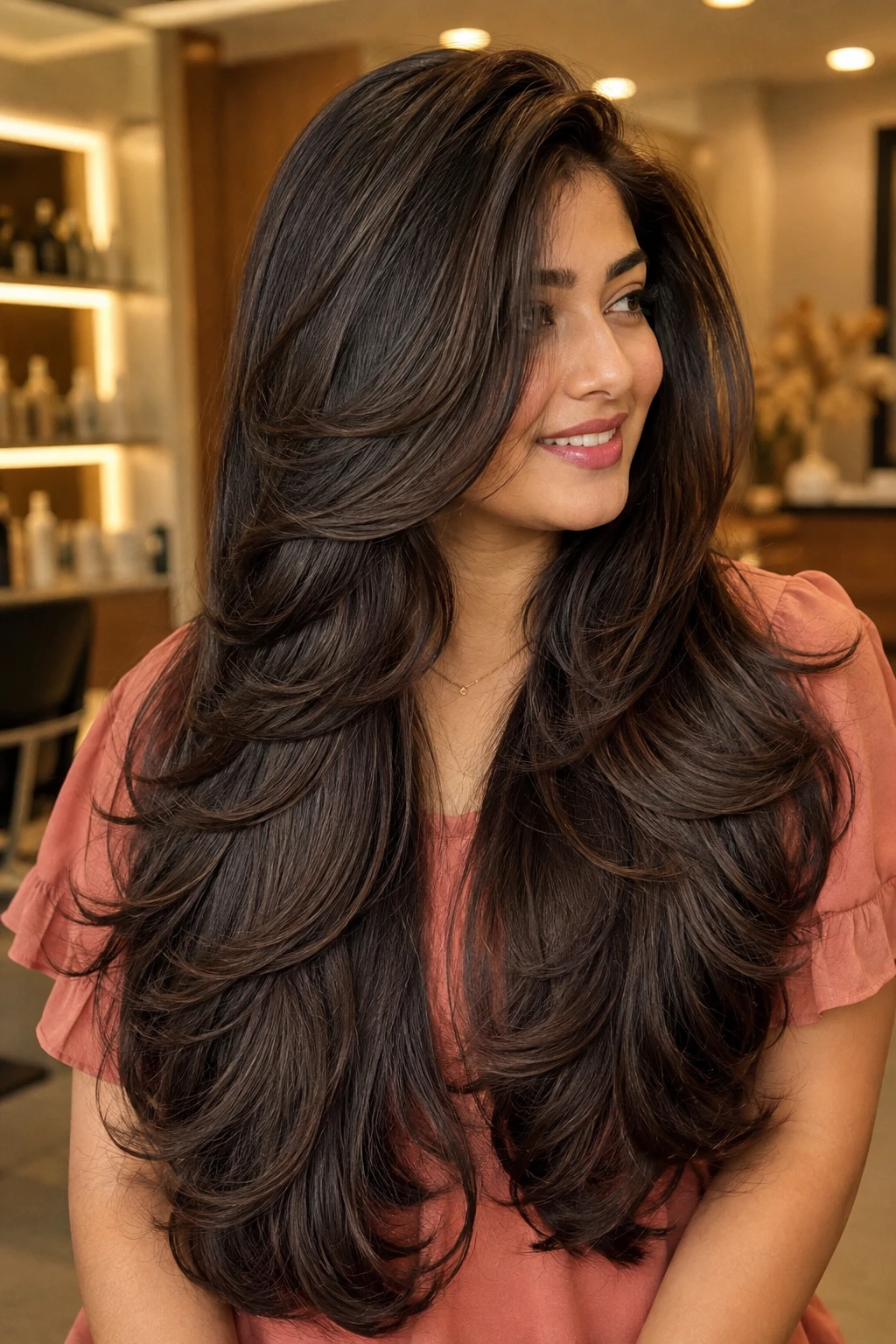 Face-Framing Feathered Layers on Deep Espresso Hair