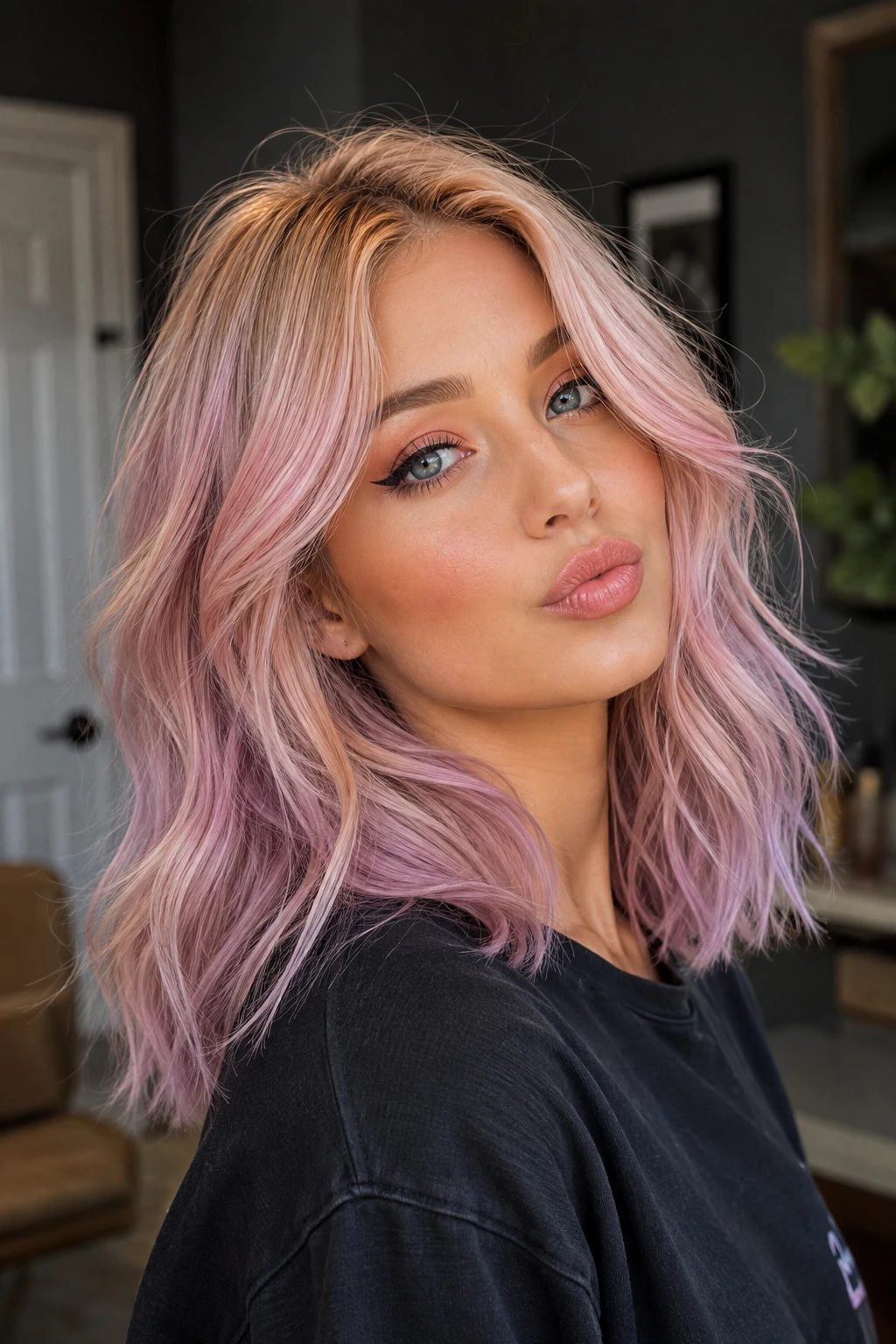 Pastel Pink Wavy Balayage