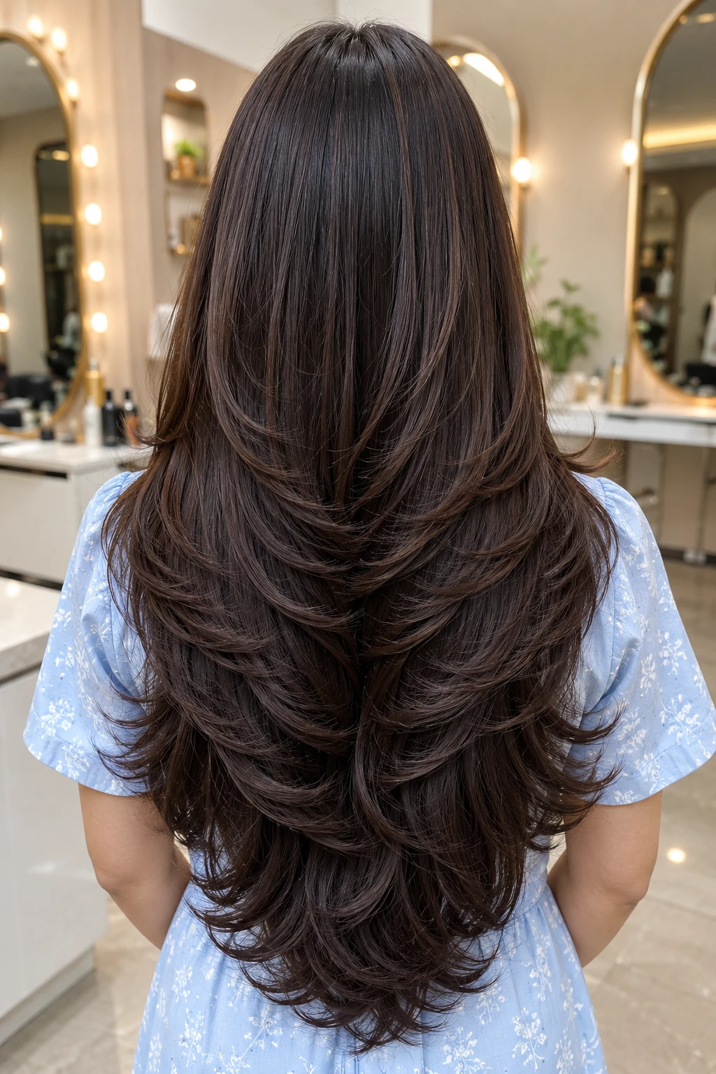 Butterfly Layers on Sleek Dark Brunette Hair