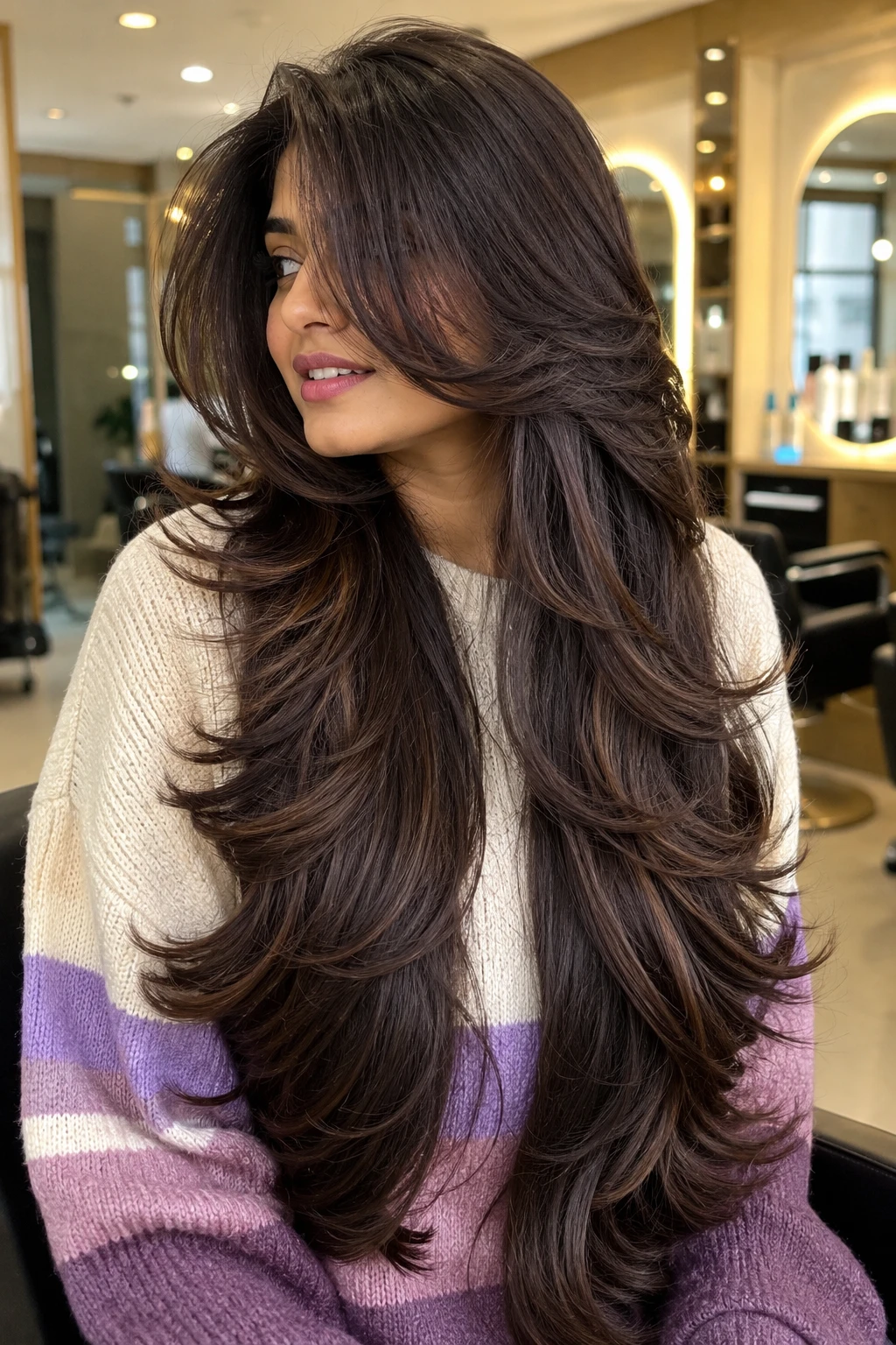 Side-Swept Curtain Bangs with Feathered Long Layers