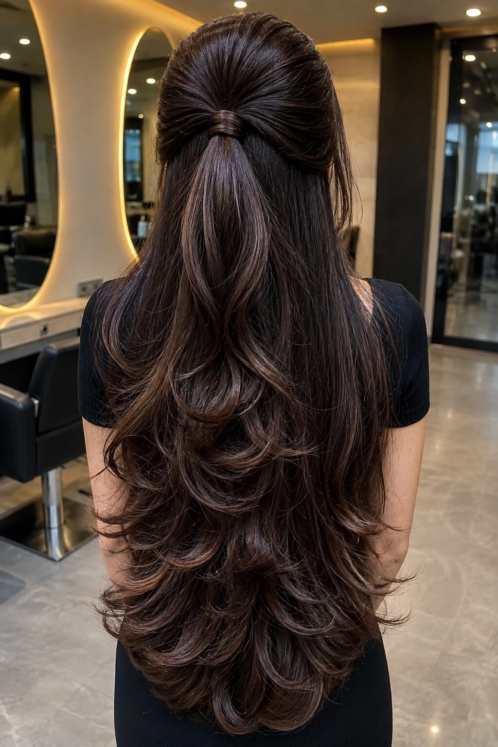 Half-Up Bow Style on Deep Layered Brunette Hair