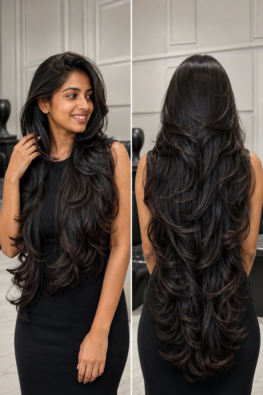 Front and Back View of Voluminous Black Layered Waves