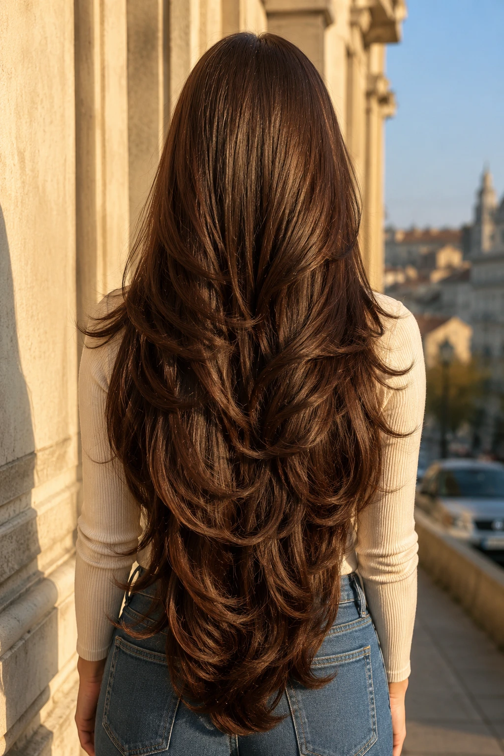 Sun-Kissed Chestnut Layers on a City Street