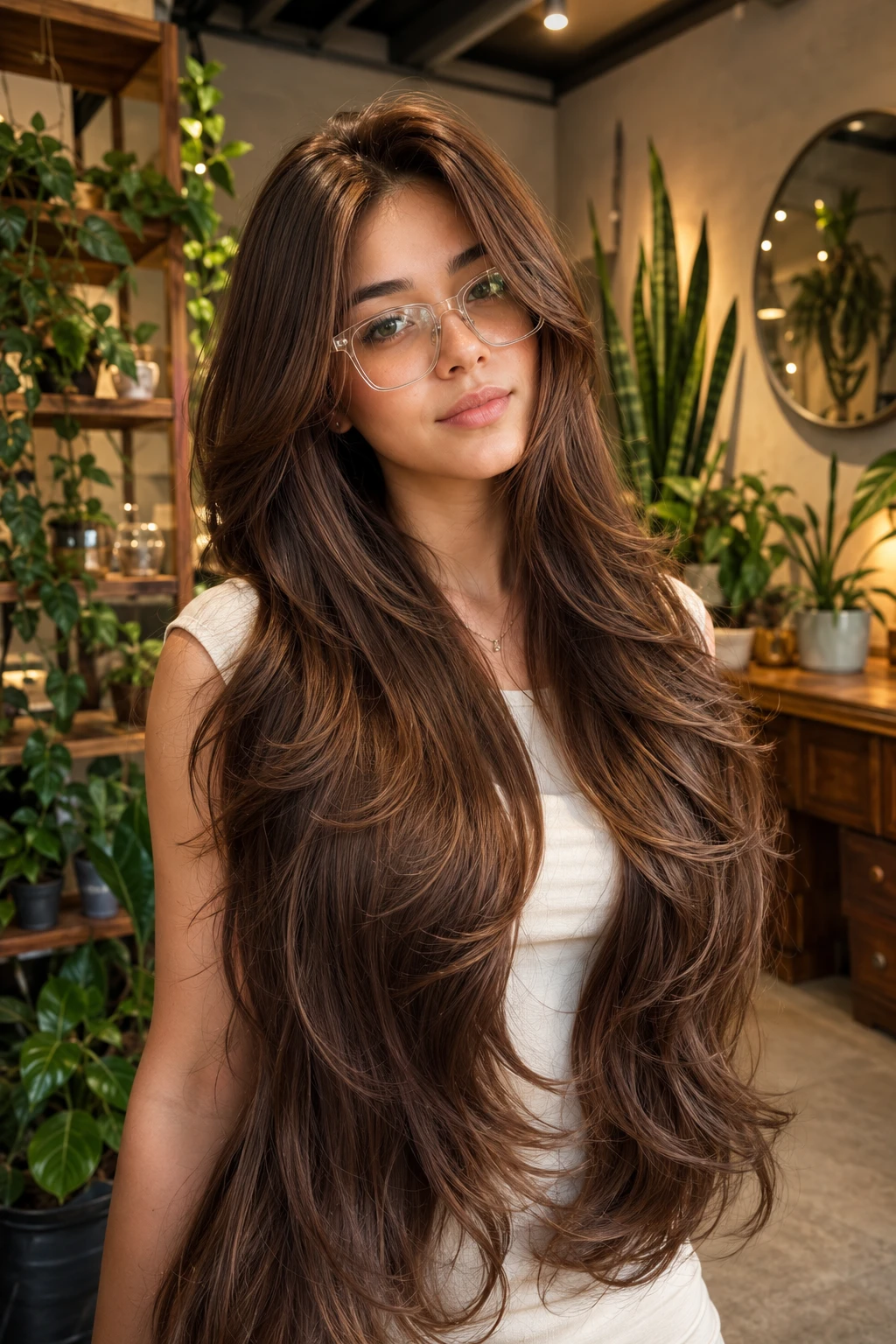 Warm Chestnut Layers with Glasses-Friendly Face Framing