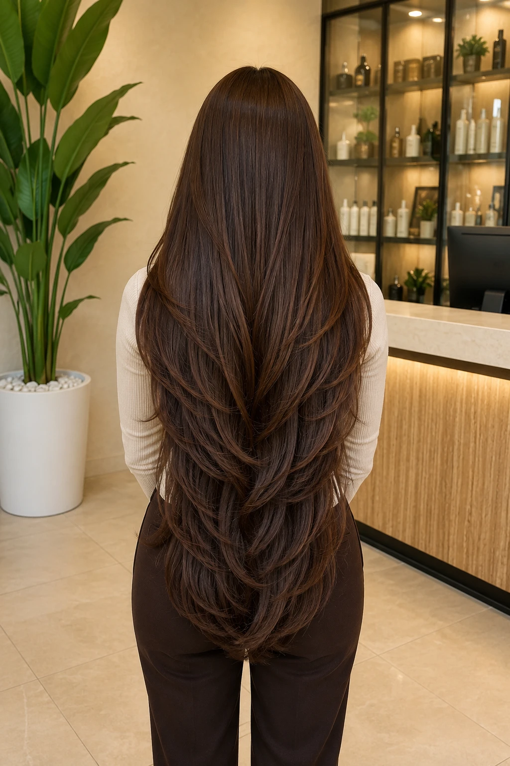 Symmetrical Chestnut V-Layers at the Salon Counter