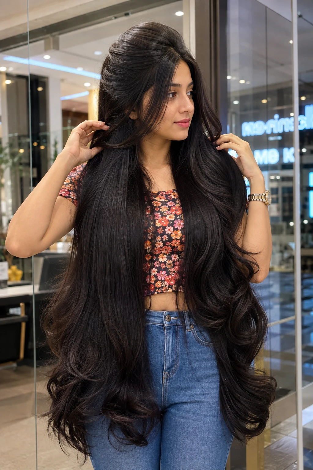 Voluminous Root Lift with Loose Waves on Jet Black Hair