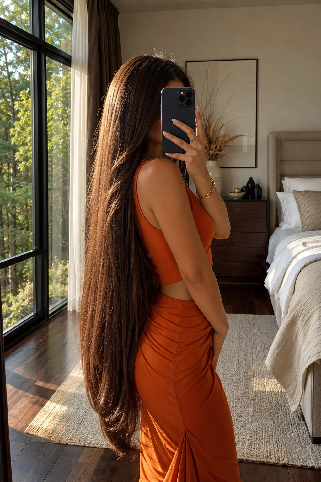 Sleek Extra-Long Layers in Golden Hour Mirror Selfie
