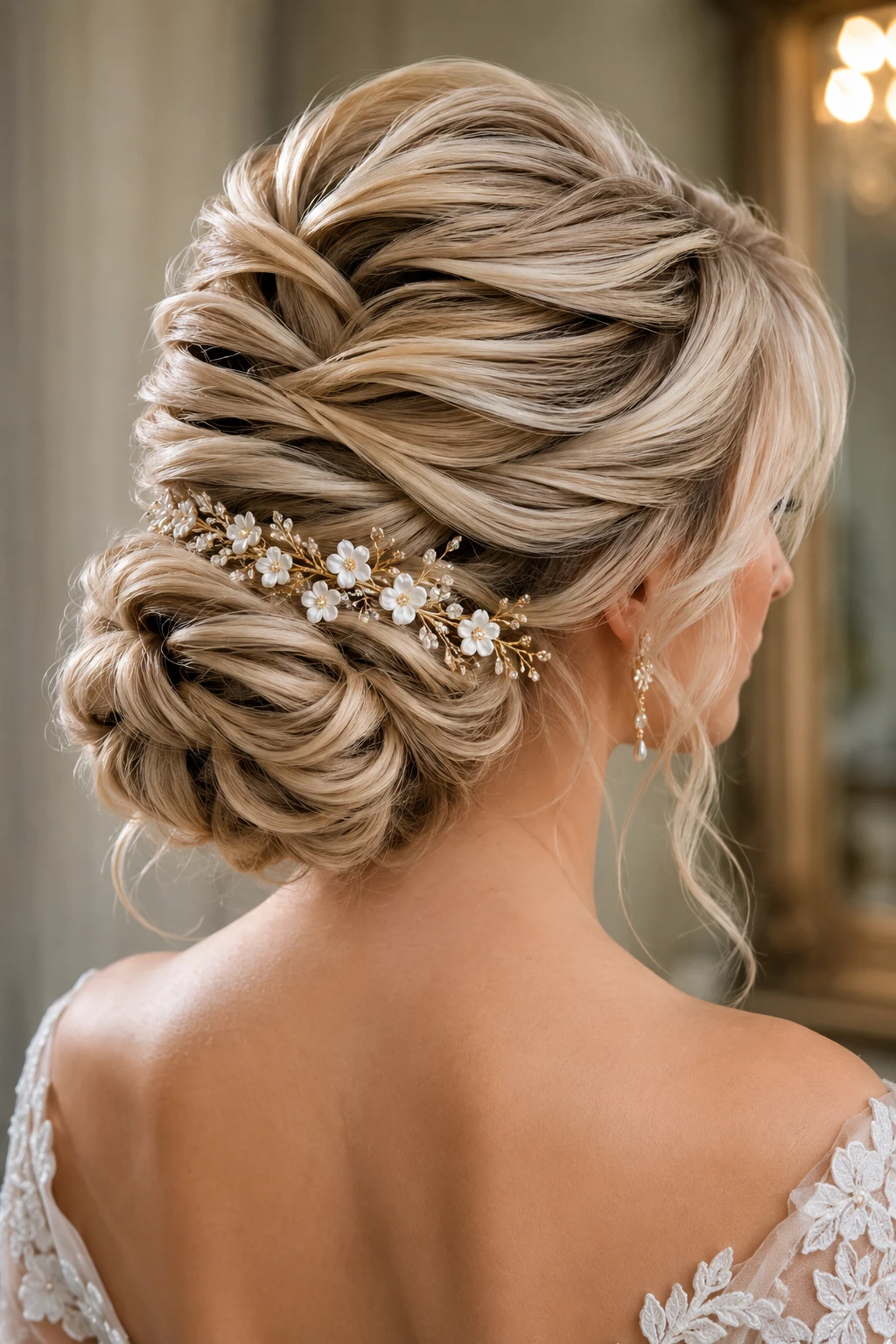 Twisted Low Bun with Floral Hair Vine