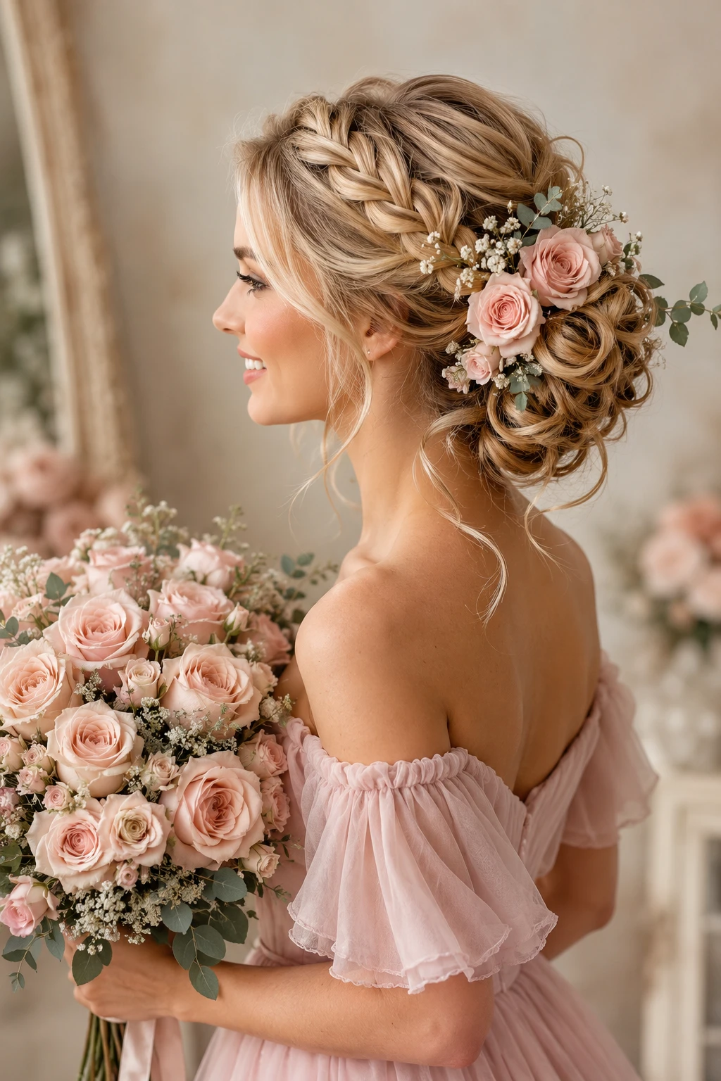Braided Crown Updo with Fresh Rose Accents