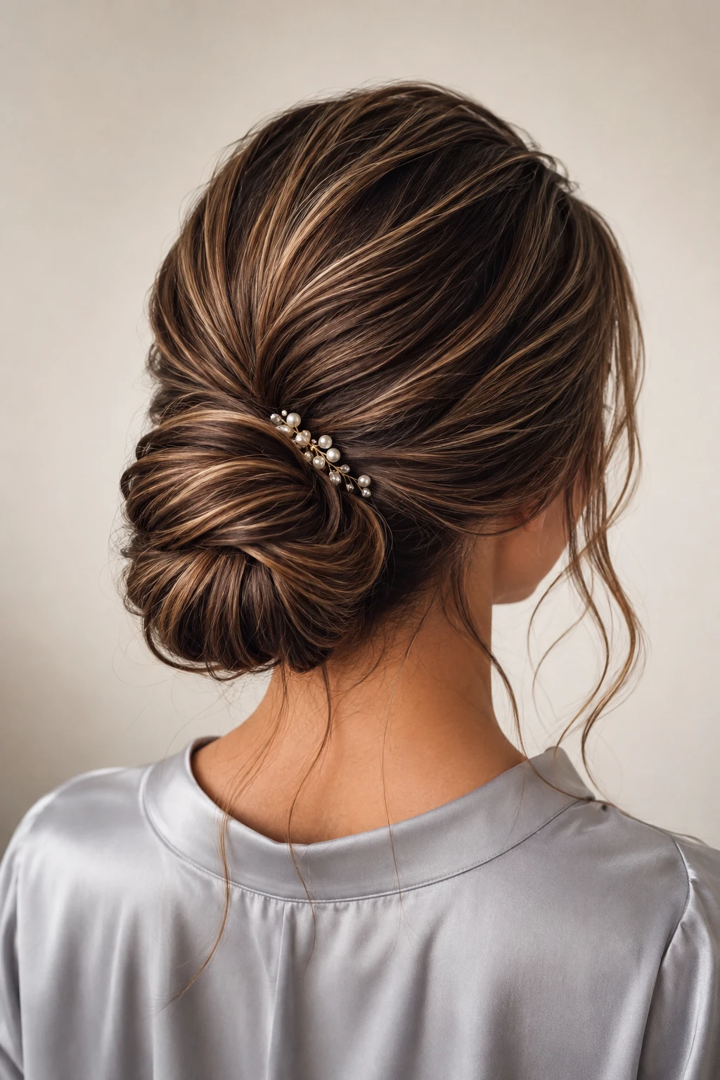Sleek Low Chignon with Pearl Hairpin