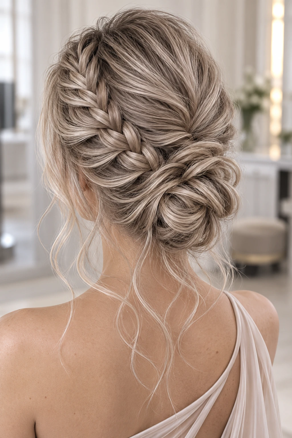 Fishtail Braid Updo with Textured Low Bun