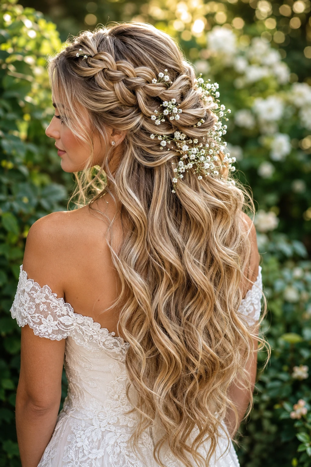 Half-Up Braid with Baby's Breath and Loose Waves