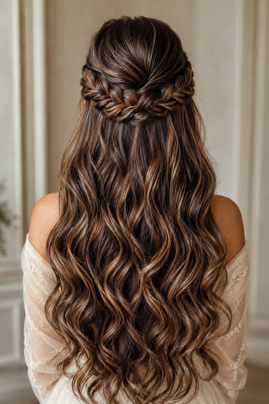 Double Braid Crown Half-Up with Voluminous Waves