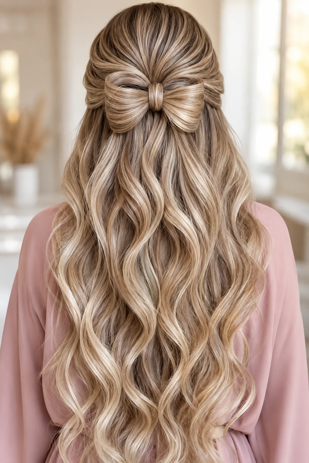 Blonde Hair Bow Half-Up with Soft Curls