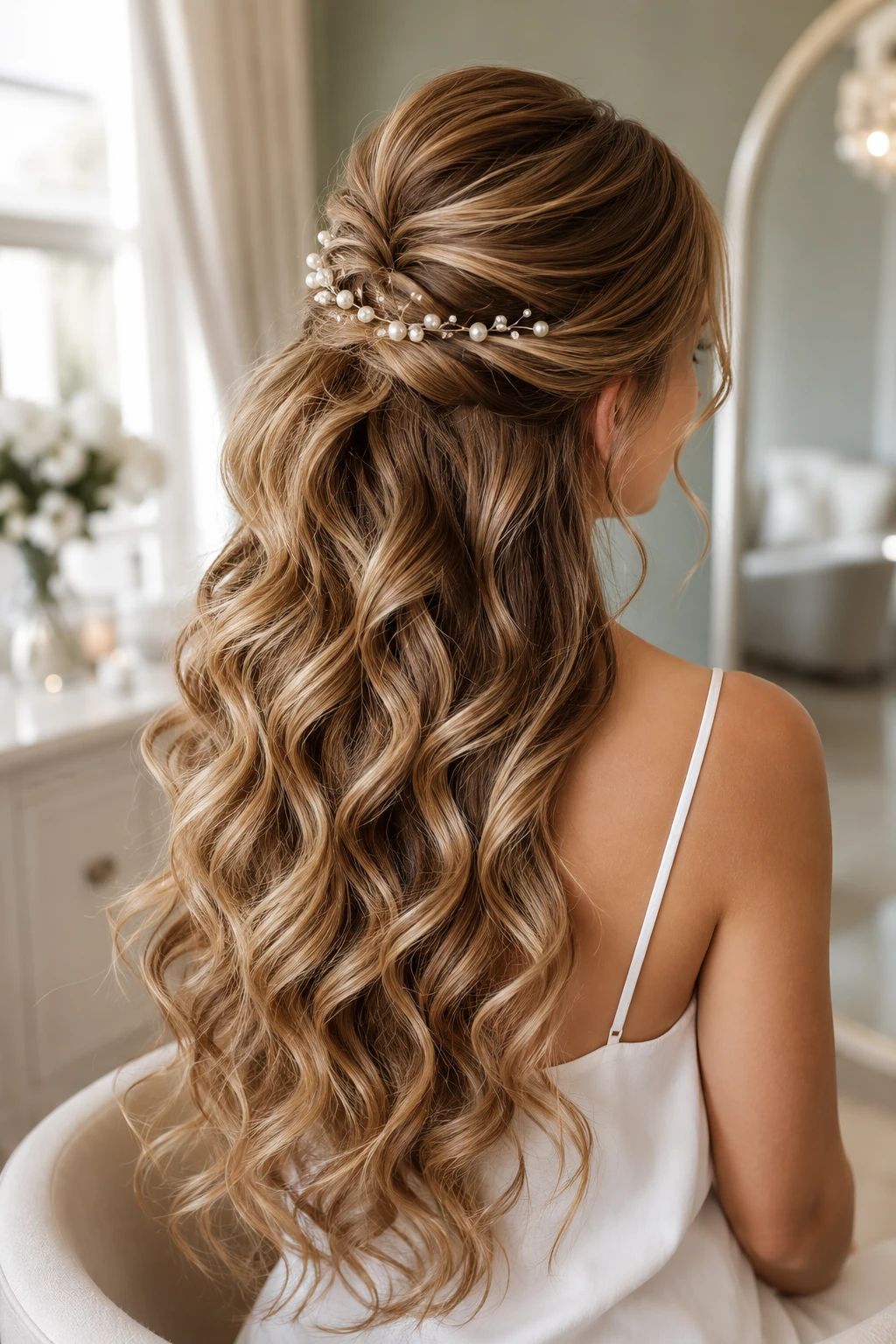 Twisted Half-Up with Pearl Hairpin and Long Curls