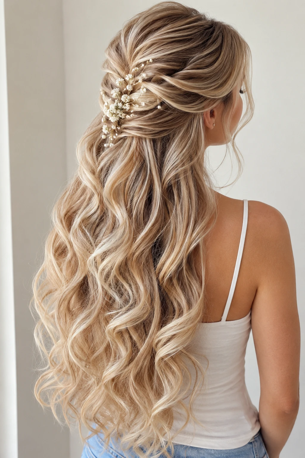 Twisted Half-Up with Baby's Breath and Loose Waves