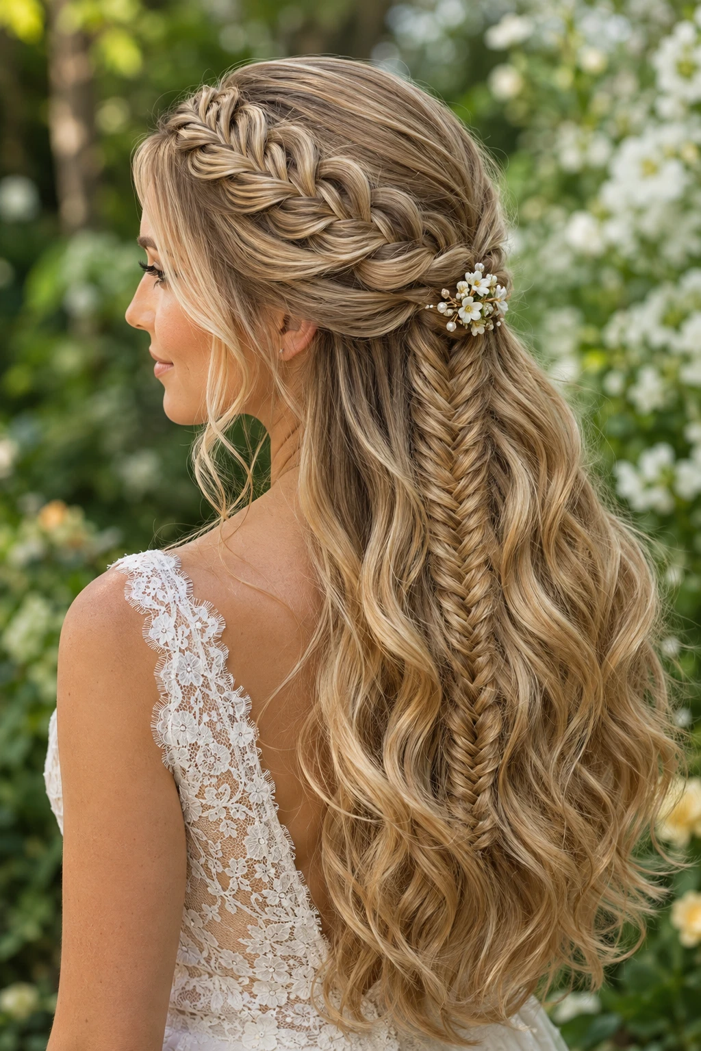 Fishtail Braid Half-Up with Floral Accent and Waves