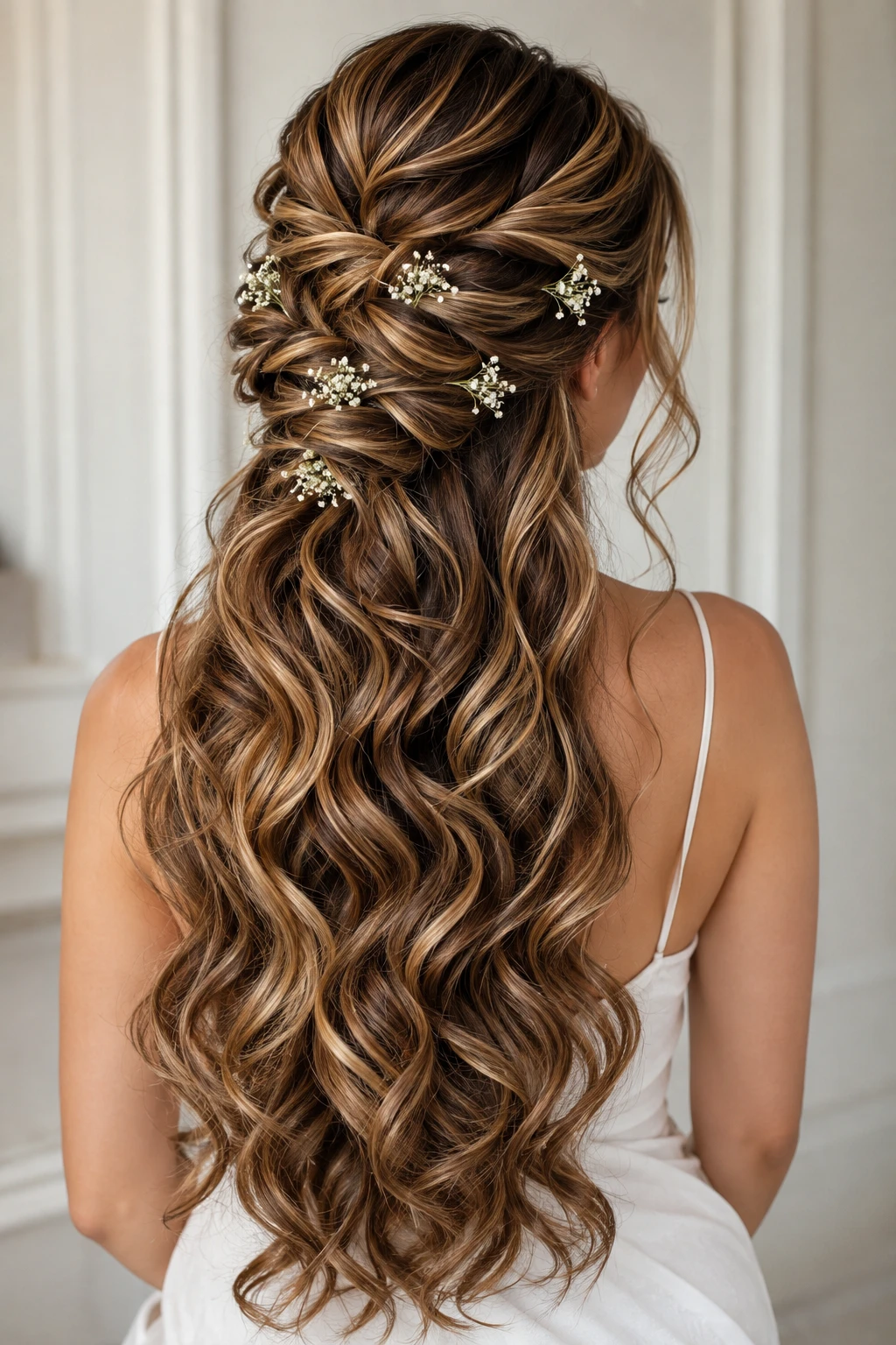 Twisted Half-Up with Scattered Baby's Breath and Long Curls