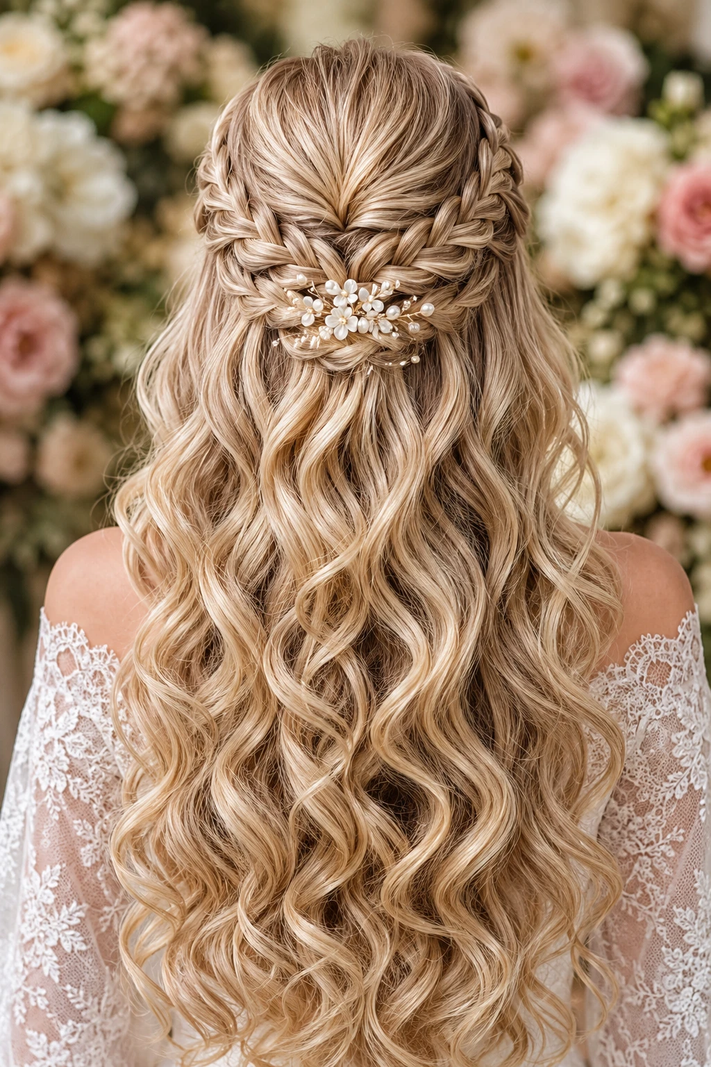 Double Braid Half-Up with Pearl Flower Clip and Curls