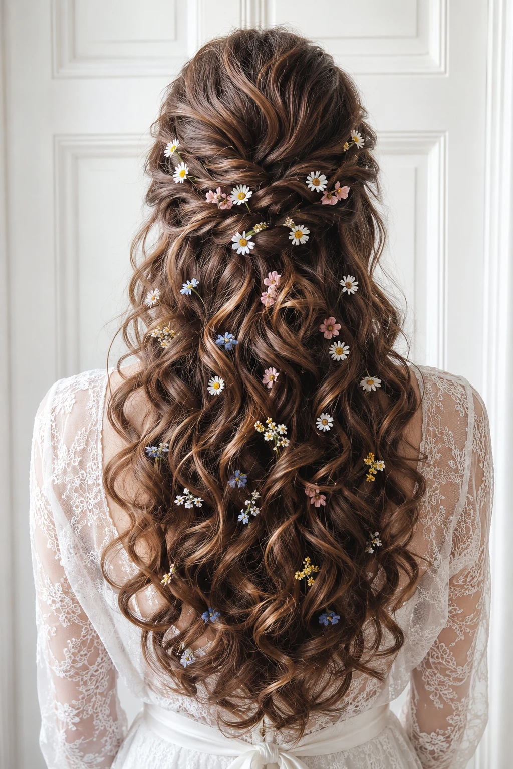 Wildflower Half-Up with Scattered Blooms and Curls