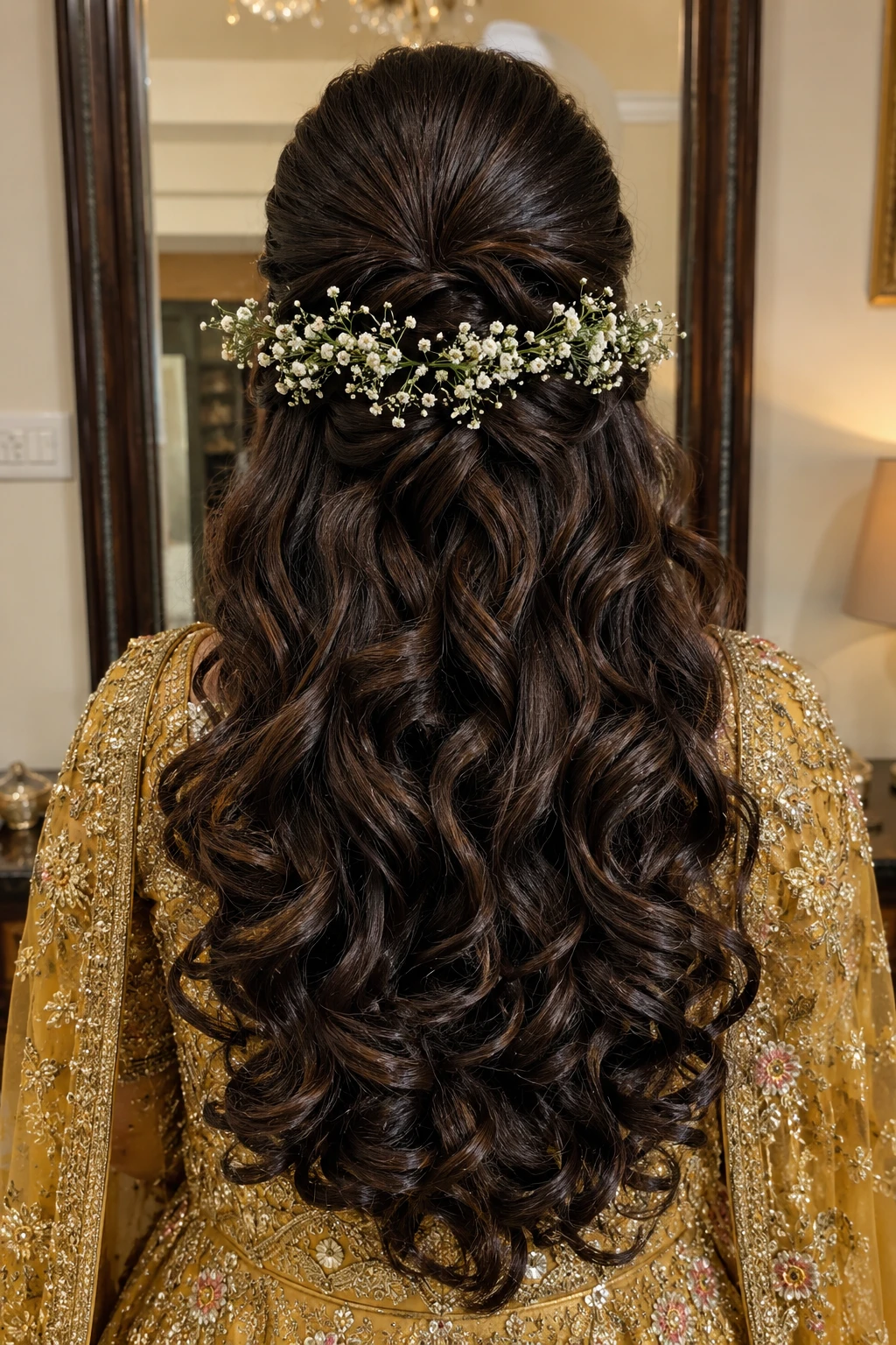 Half-Up Style with Baby's Breath Garland and Deep Curls