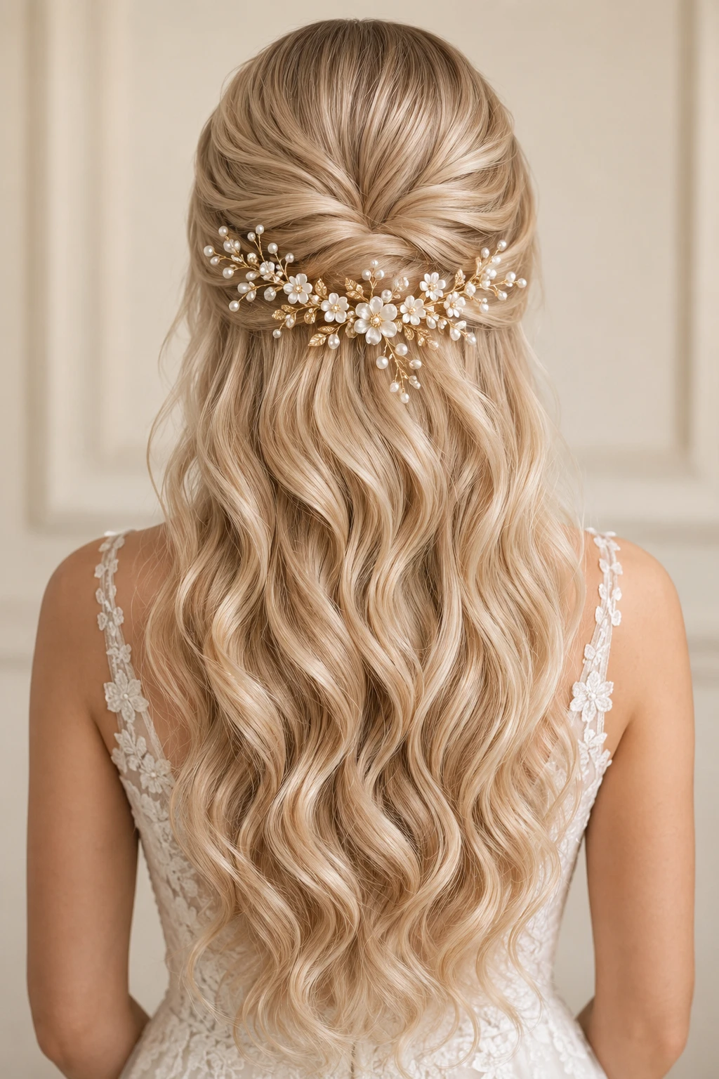 Twisted Half-Up with Pearl Flower Comb and Waves
