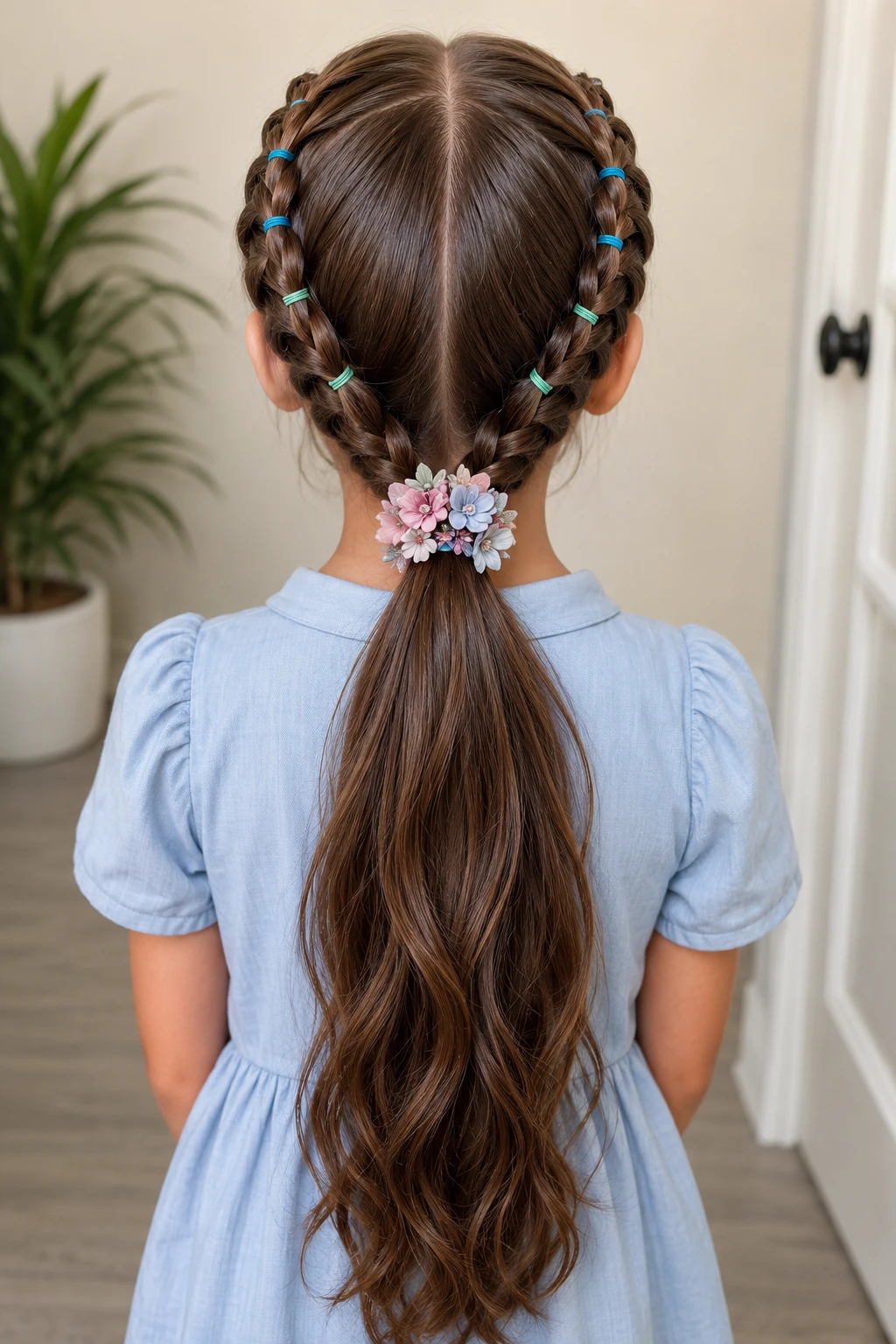 Double Dutch Braided Ponytail with Flower Clip