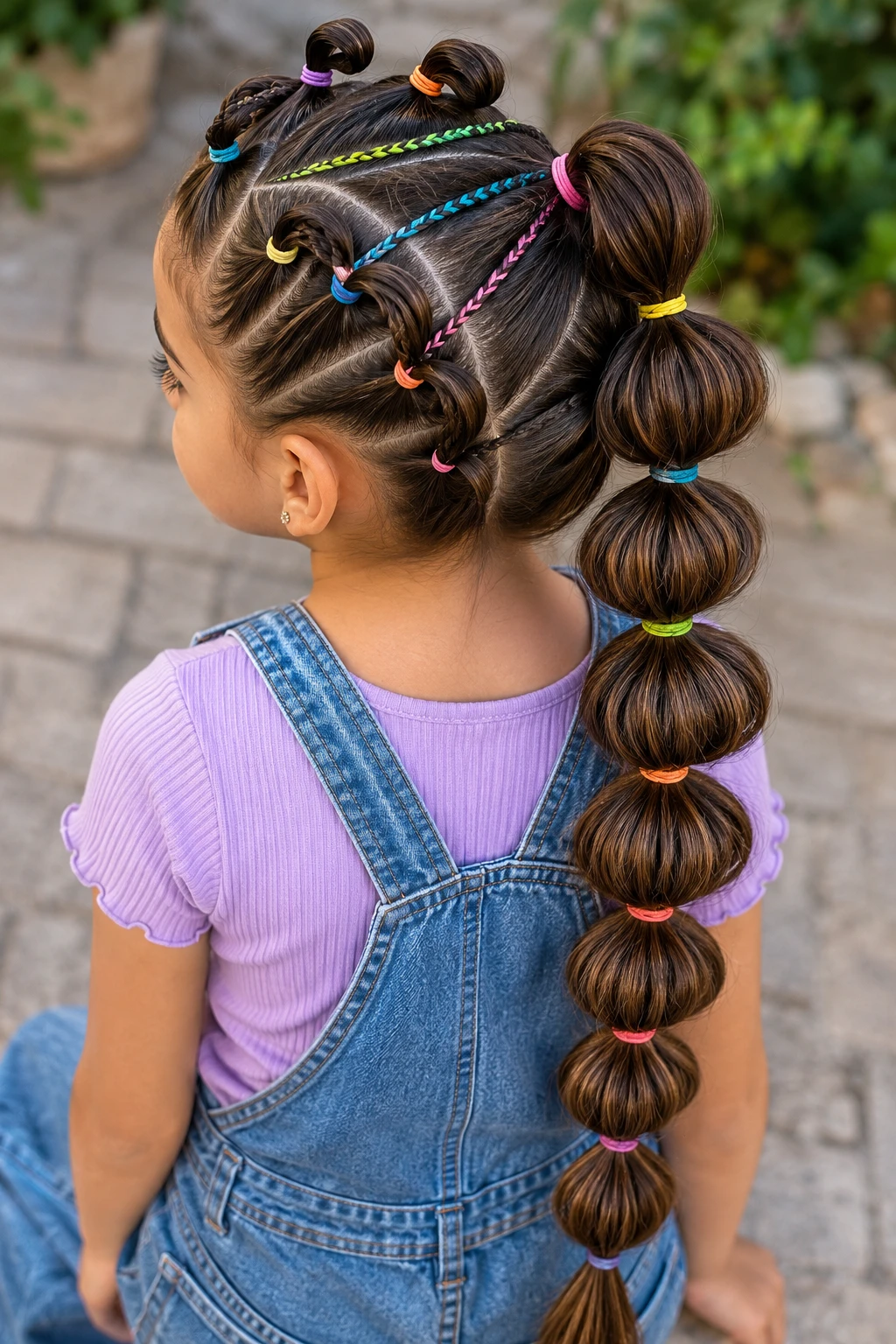 Rainbow Bubble Braid Ponytail with Cornrow Accents