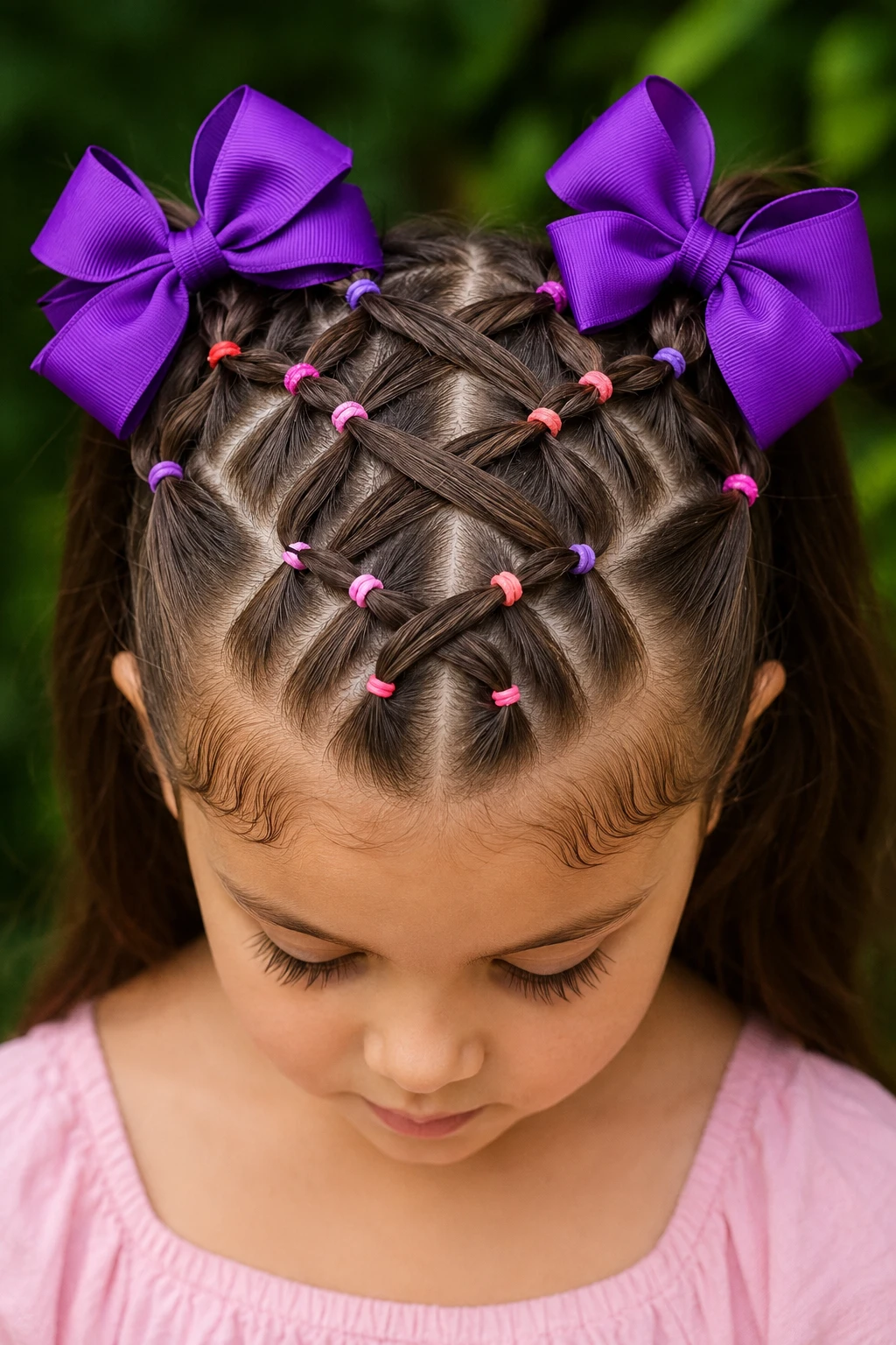 Crisscross Lattice Pigtails with Purple Bows