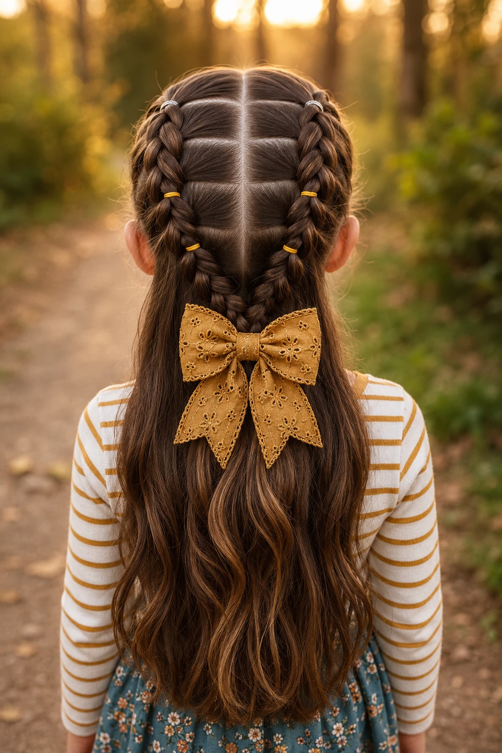 Double Dutch Braid Half-Up with Eyelet Bow