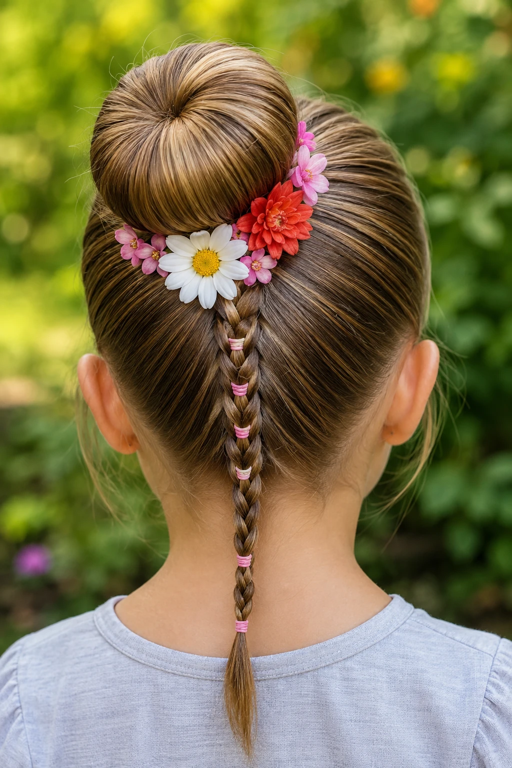 Bun with Trailing Braid and Fresh Flowers