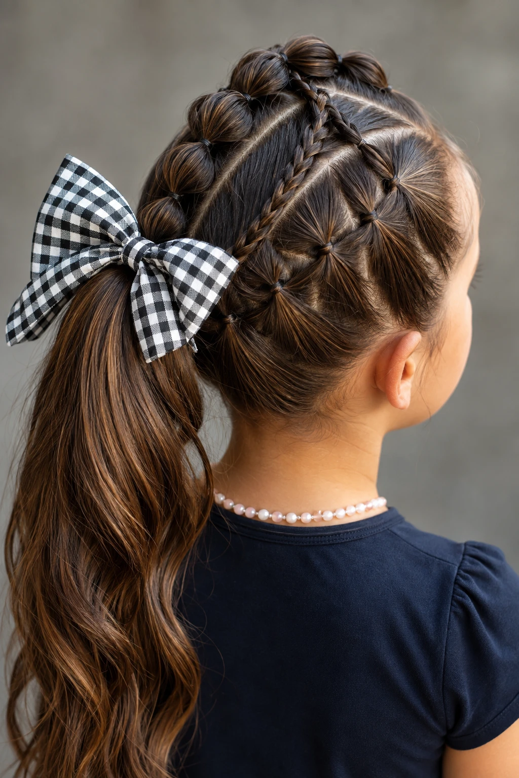 Bubble and Lattice Side Ponytail with Gingham Bow