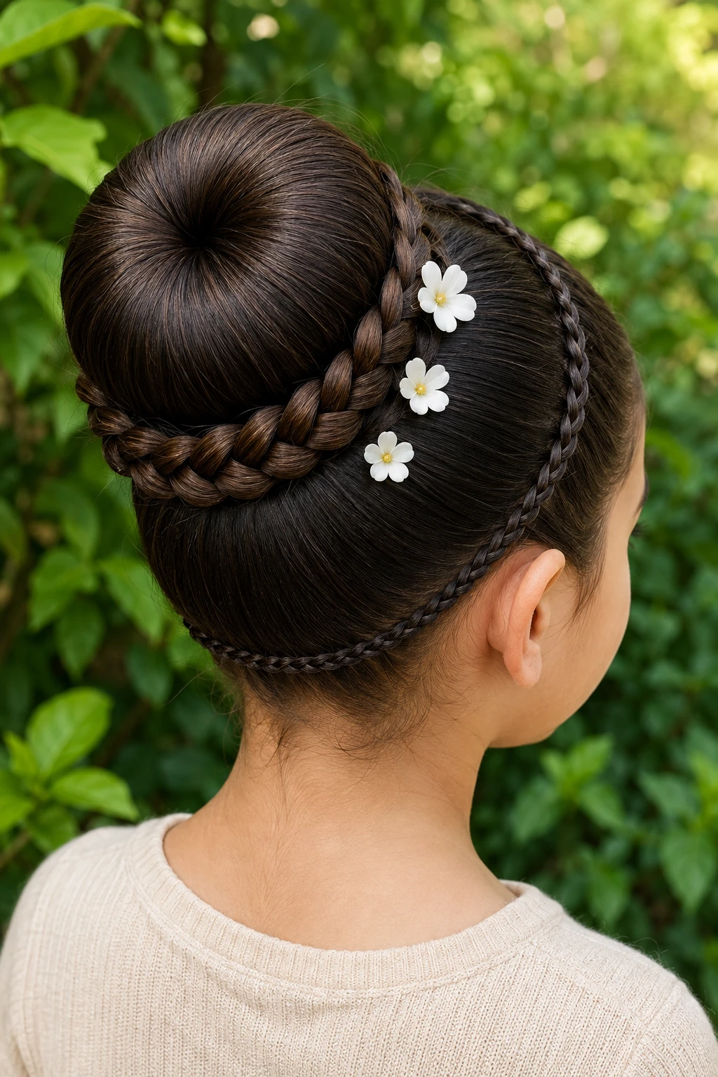 Ballet Bun with Braided Wrap and White Blossoms
