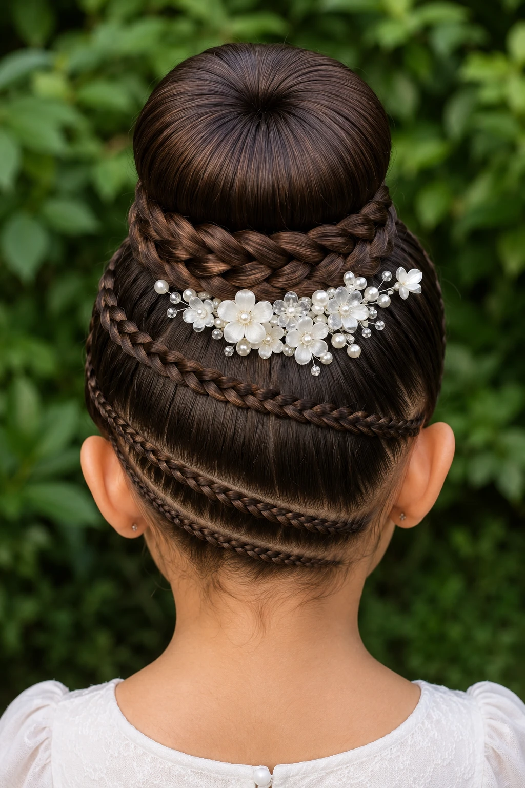 Layered Braid Bun with Pearl Flower Comb