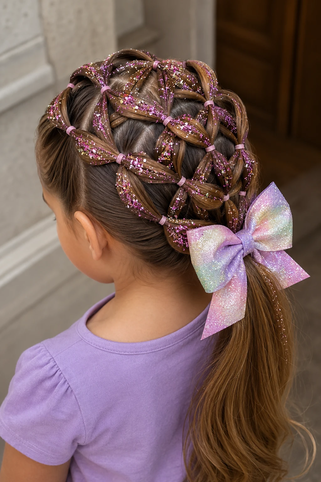 Glitter Lattice Ponytail with Iridescent Bow