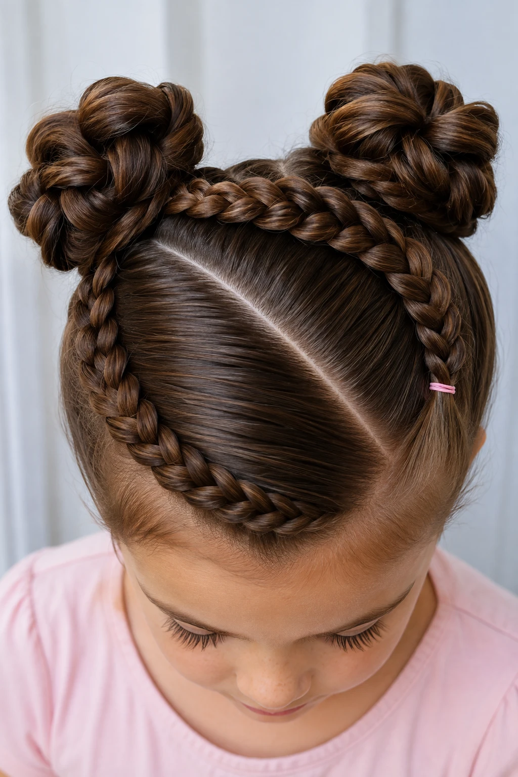 Braided Space Buns with Diagonal Part