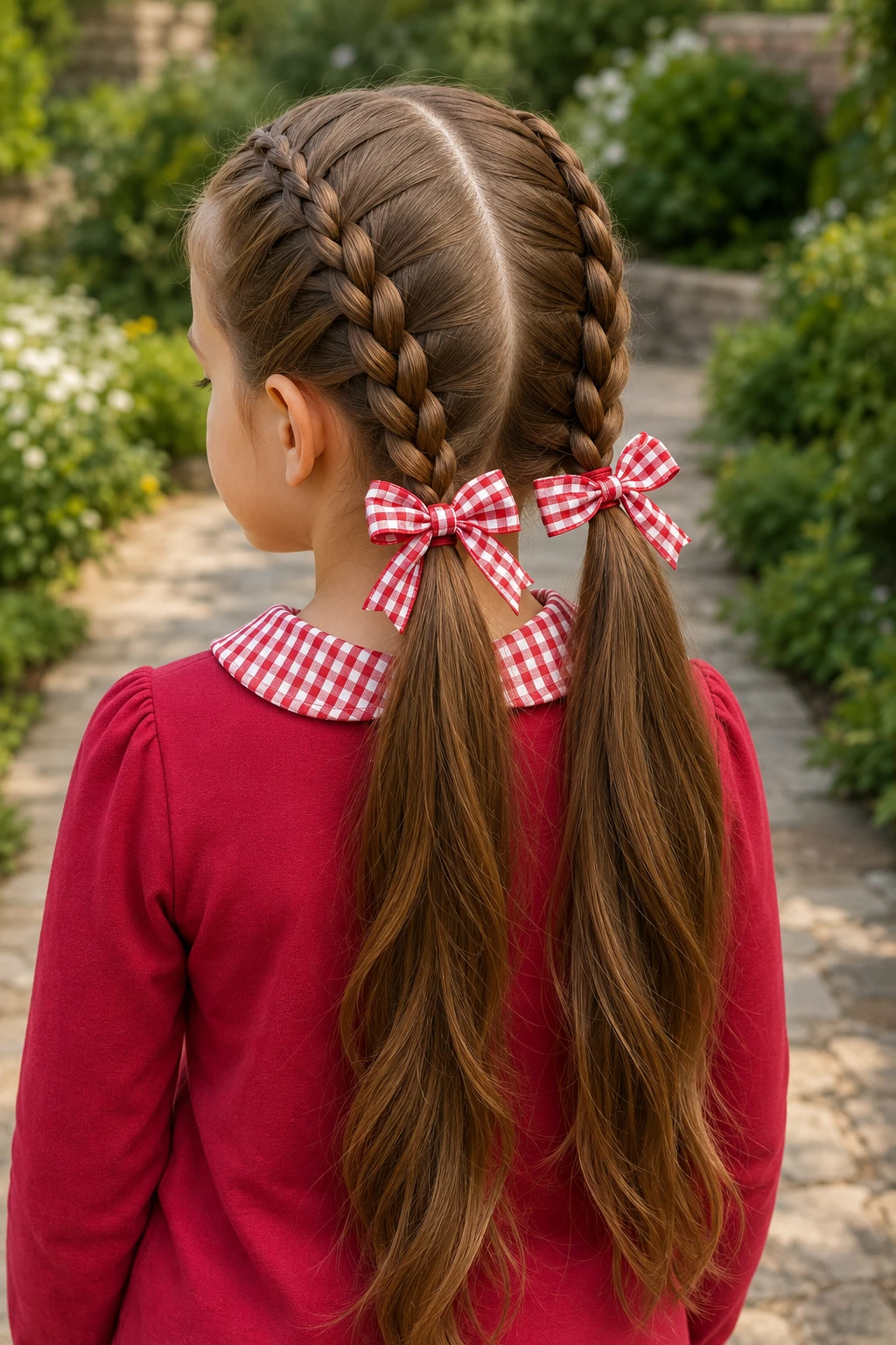 Double Dutch Braid Pigtails with Gingham Bows