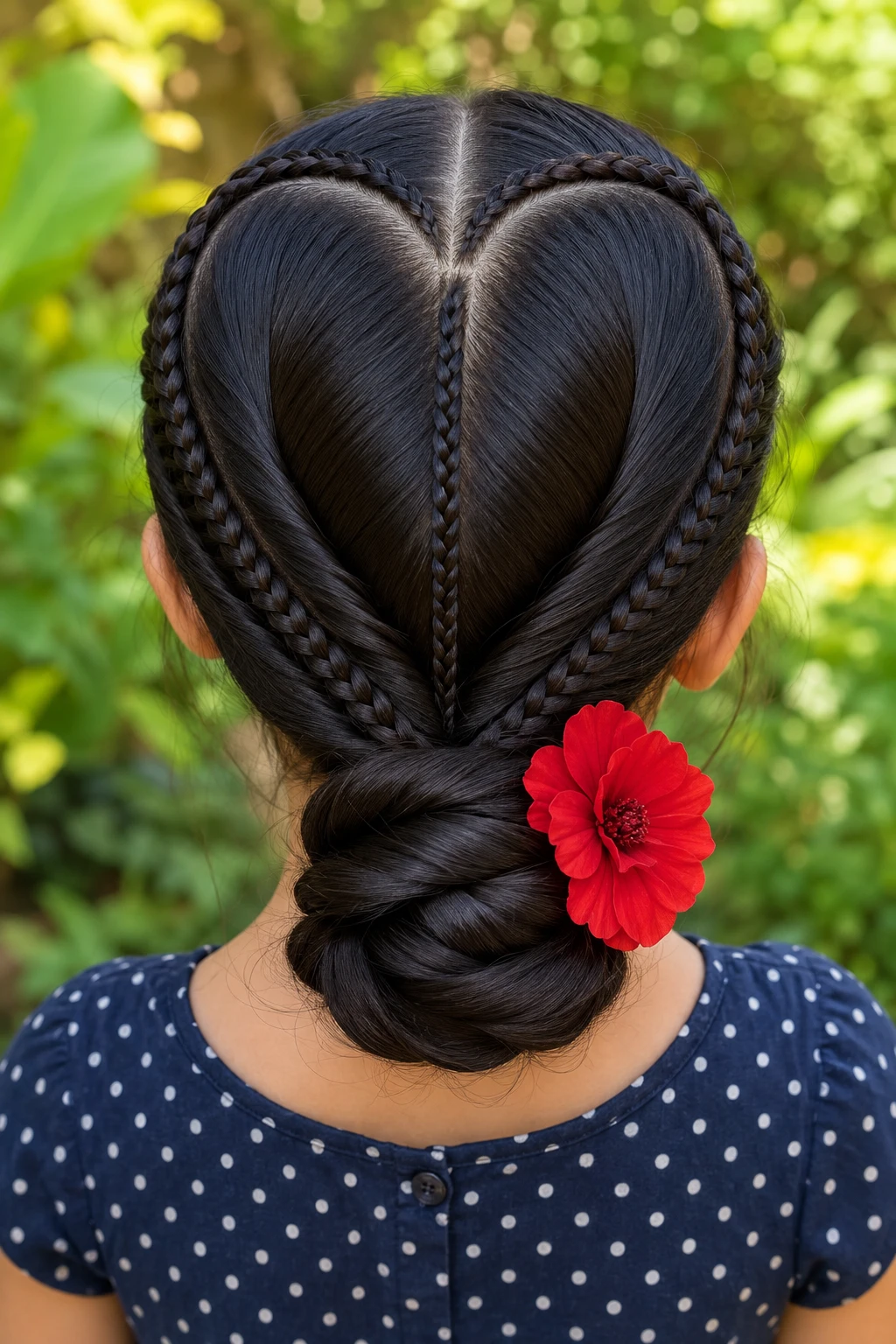 Heart Braid Low Bun with Red Flower
