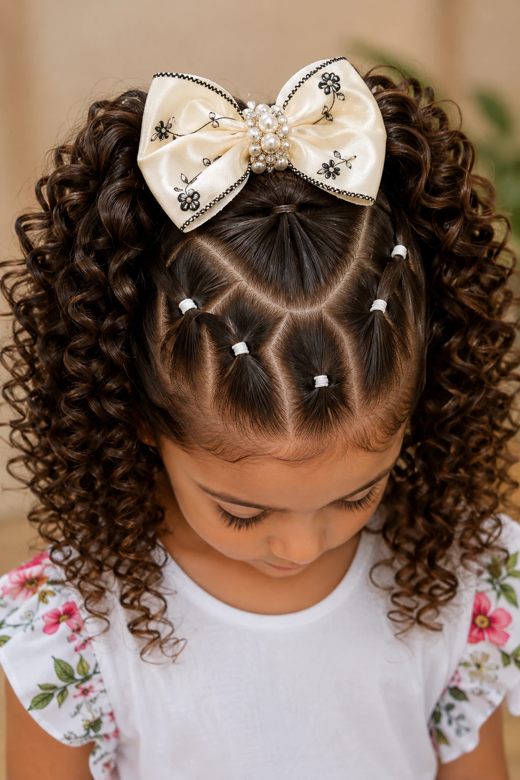 Half-Up Bubble Sections with Pearl Bow Curls