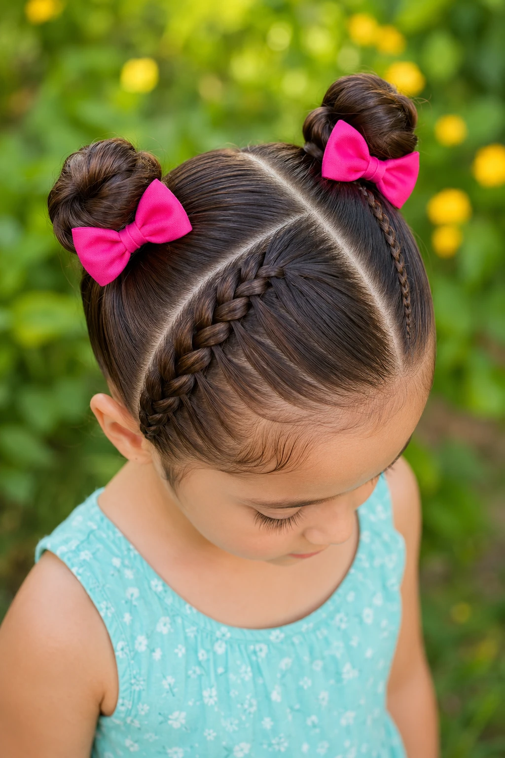Diagonal Braid Double Bun with Hot Pink Bows