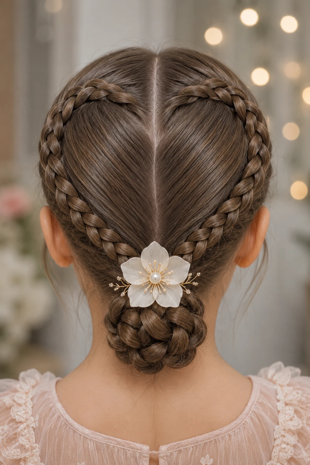 Double Braid Low Bun with Pearl Flower Clip