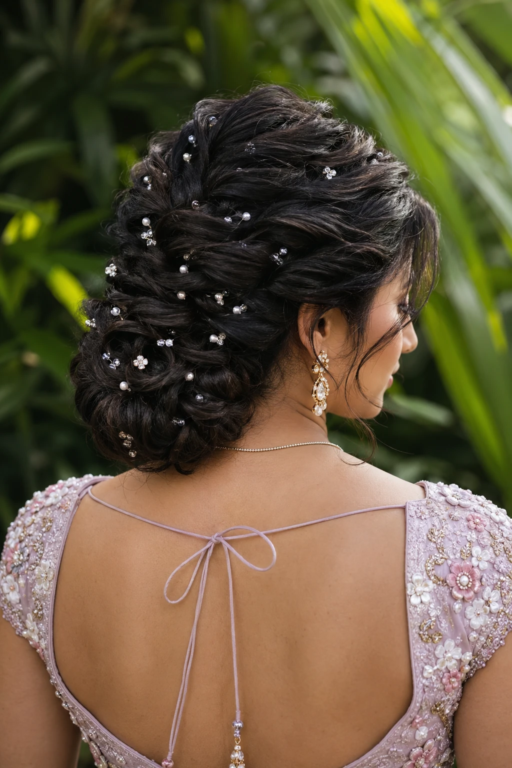 Textured Low Bun with Scattered Pearl and Crystal Pins