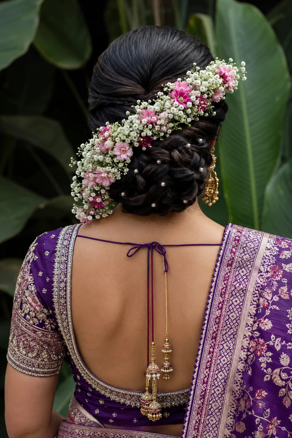 Braided Low Bun with Baby's Breath and Pink Floral Trail